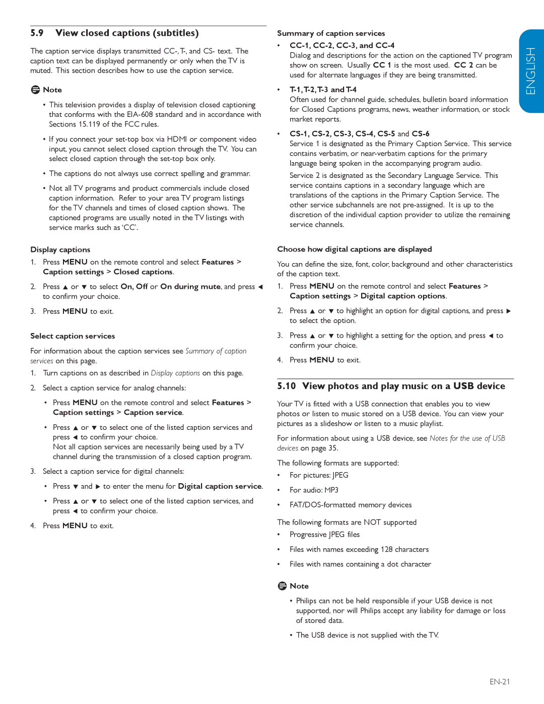 Philips 42TA648BX user manual View closed captions subtitles, View photos and play music on a USB device 