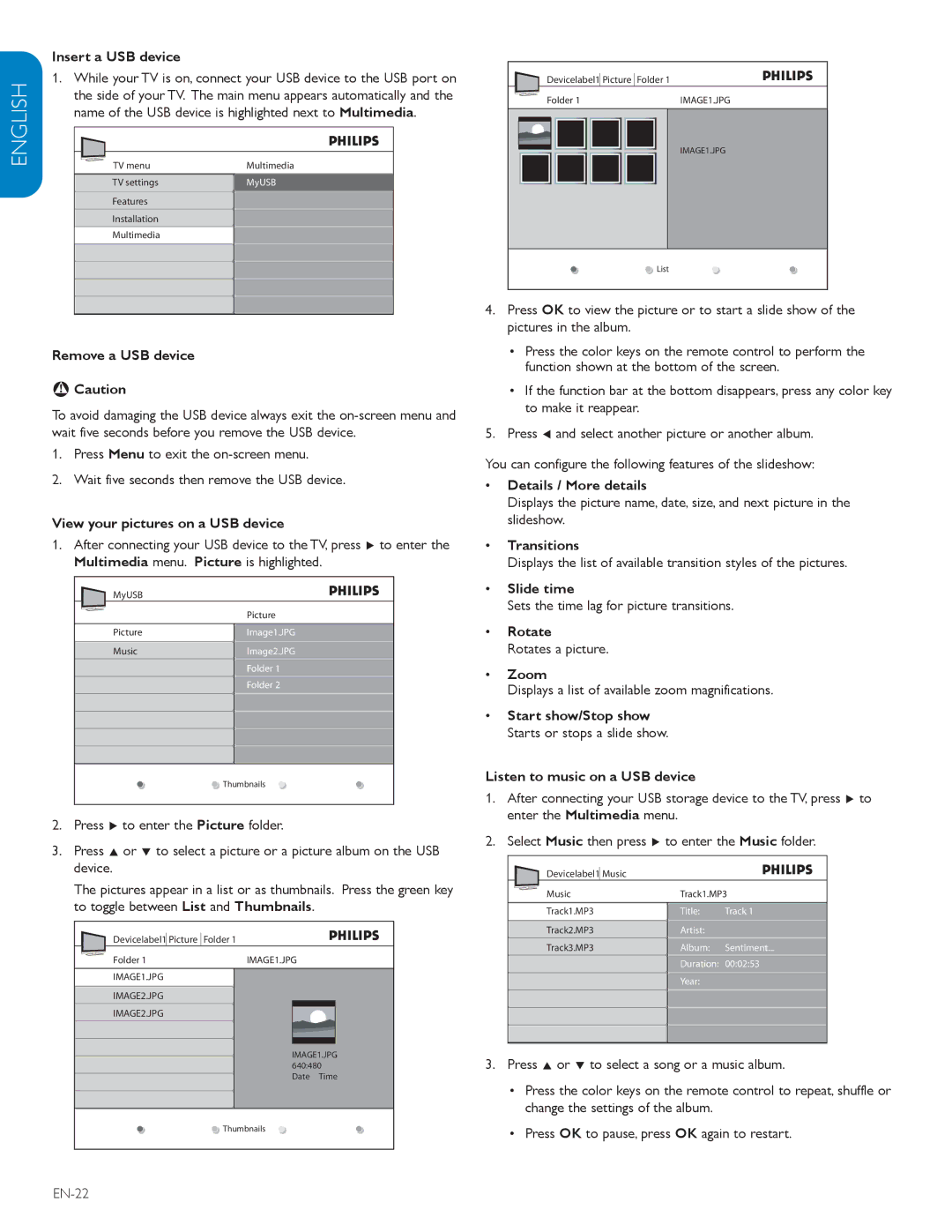 Philips 42TA648BX Insert a USB device, Remove a USB device, View your pictures on a USB device, Details / More details 