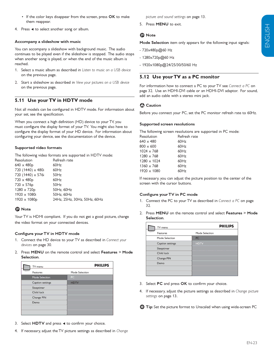 Philips 42TA648BX user manual Use your TV in Hdtv mode, Use your TV as a PC monitor 