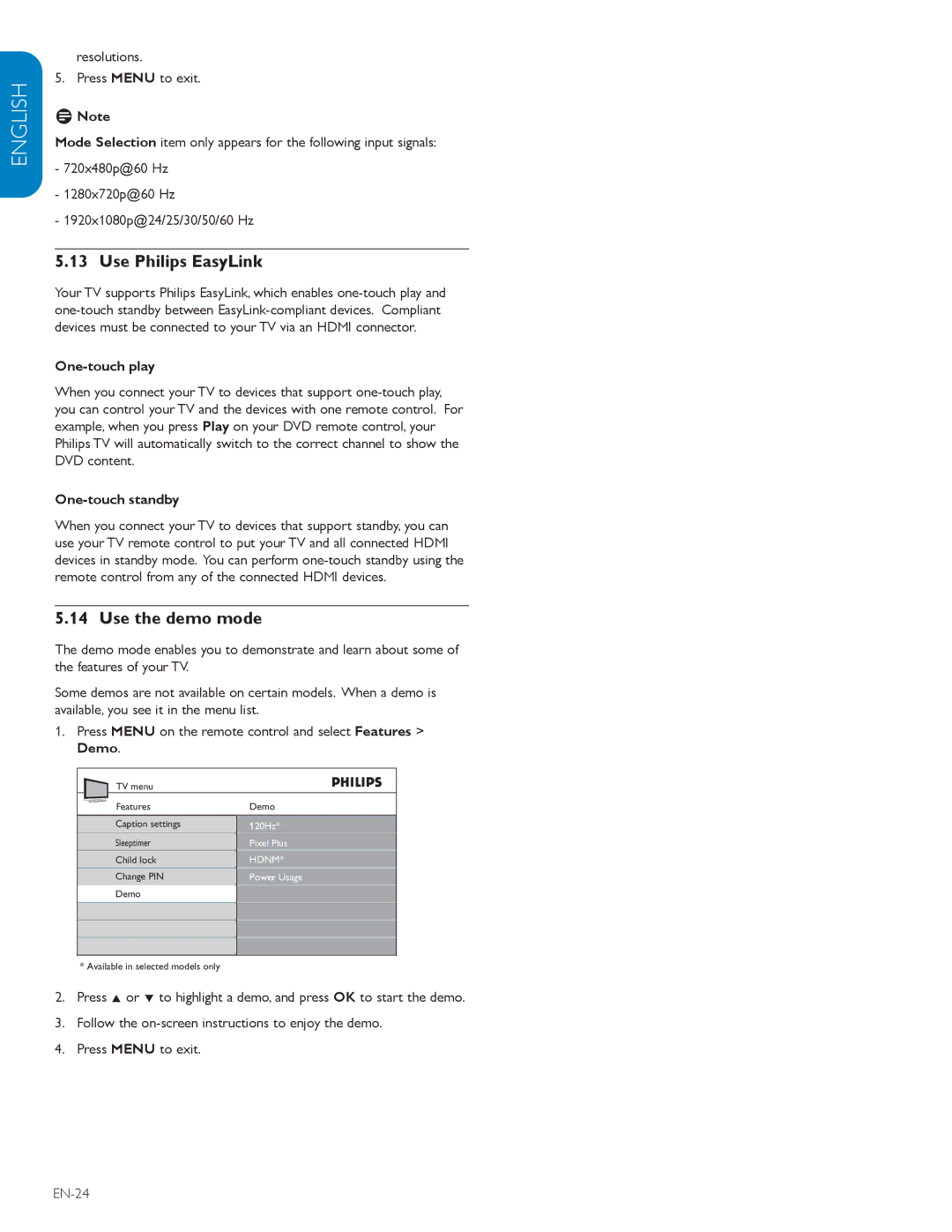 Philips 42TA648BX user manual Use Philips EasyLink, Use the demo mode, One-touch play, One-touch standby 