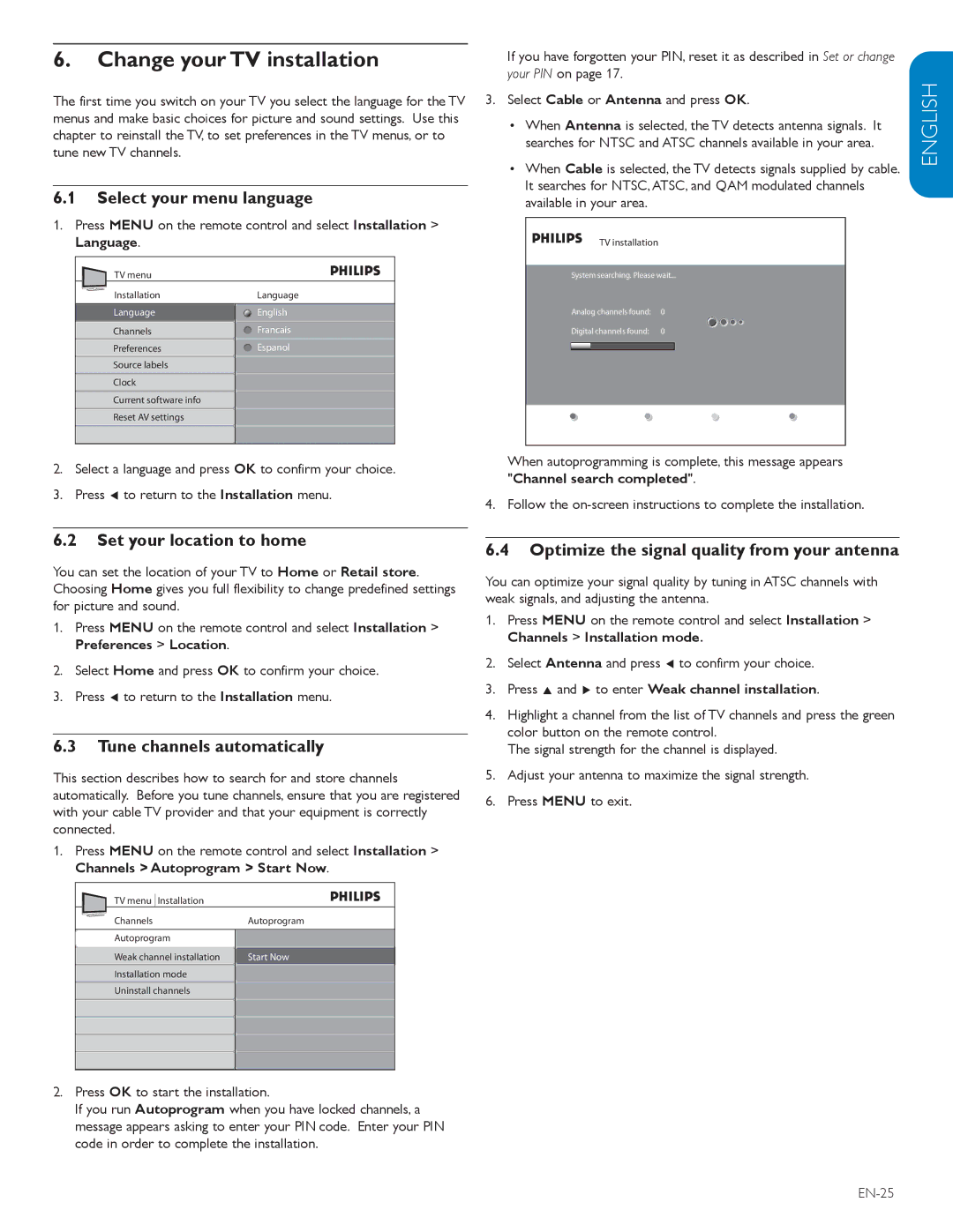 Philips 42TA648BX user manual Change your TV installation, Select your menu language, Set your location to home 