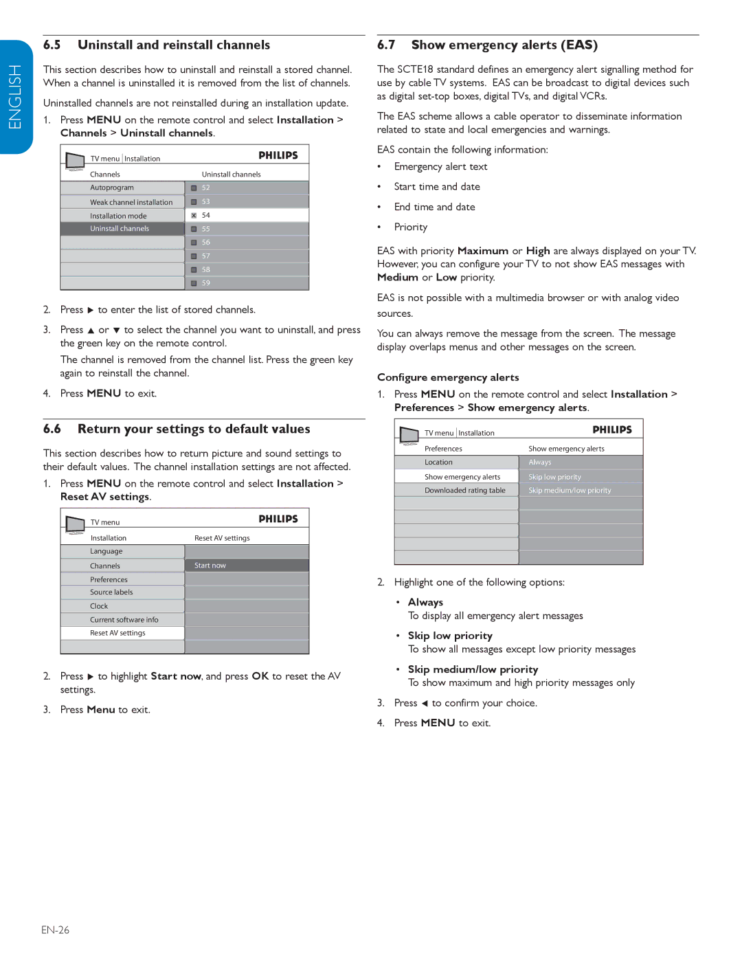 Philips 42TA648BX Uninstall and reinstall channels, Return your settings to default values, Show emergency alerts EAS 