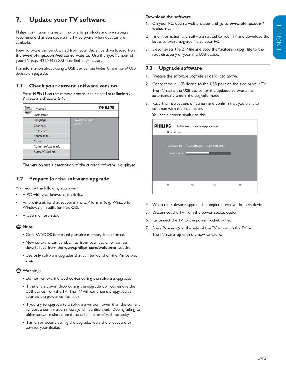 Philips 42TA648BX Update your TV software, Check your current software version, Prepare for the software upgrade 