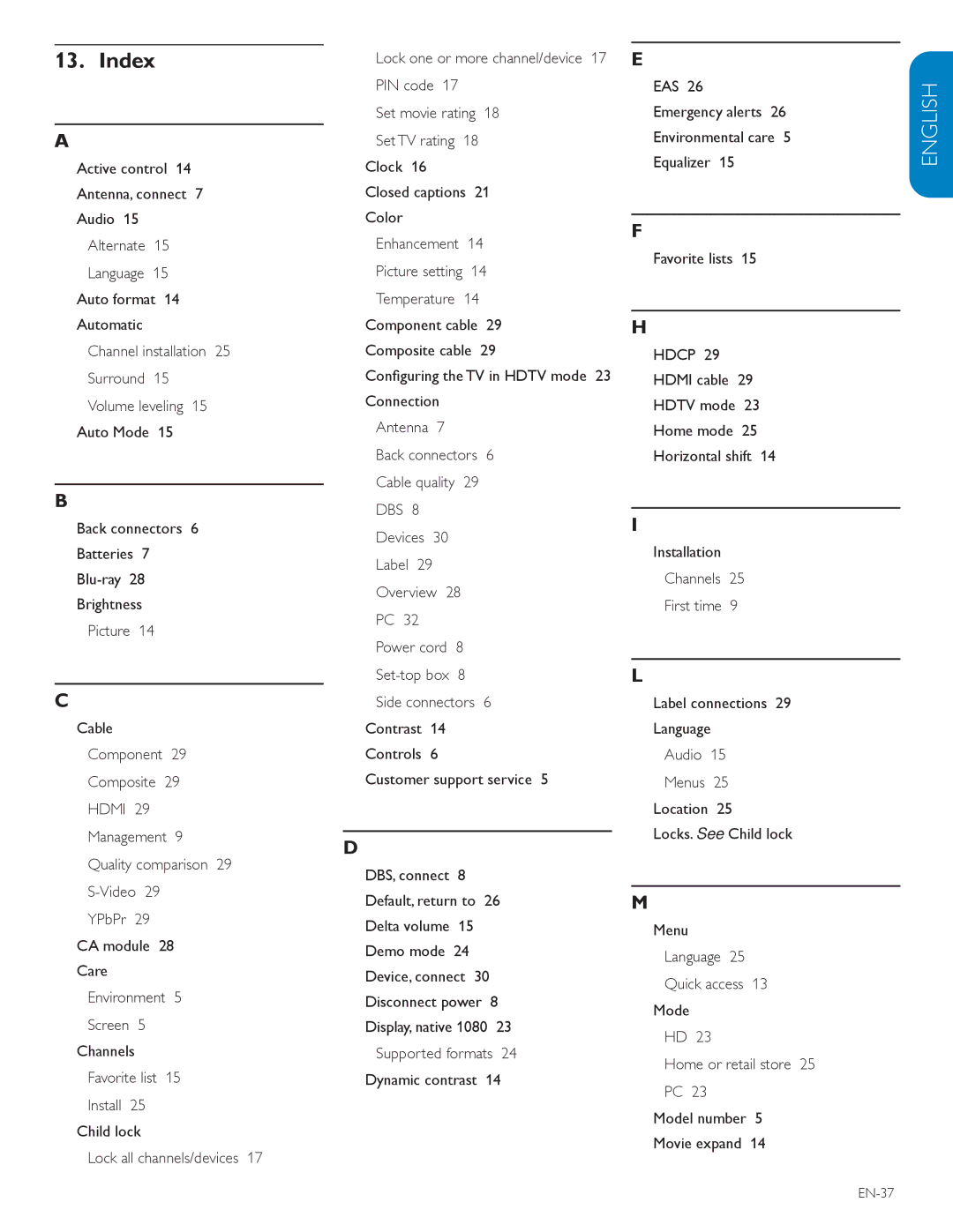 Philips 42TA648BX user manual Index, EN-37 