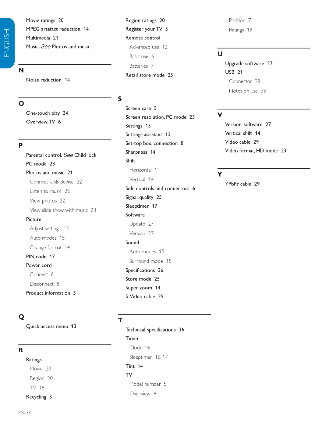 Philips 42TA648BX user manual Adjust settings 13 Auto modes 15 Change format, EN-38 