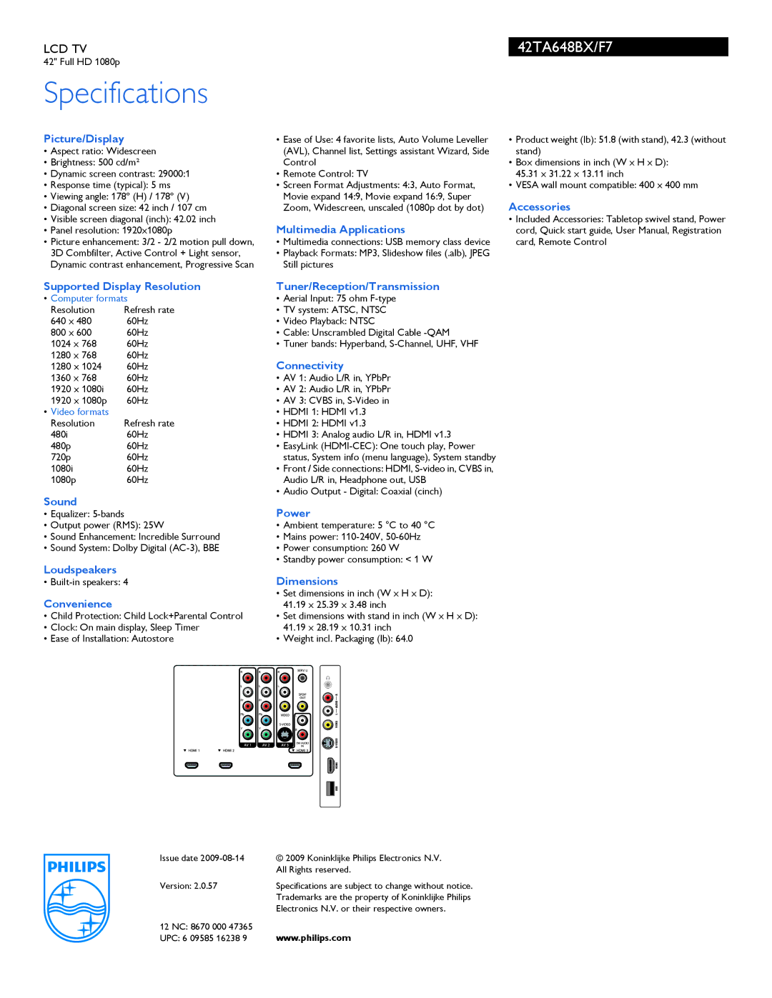 Philips 42TA648BX/F7 manual Specifications 