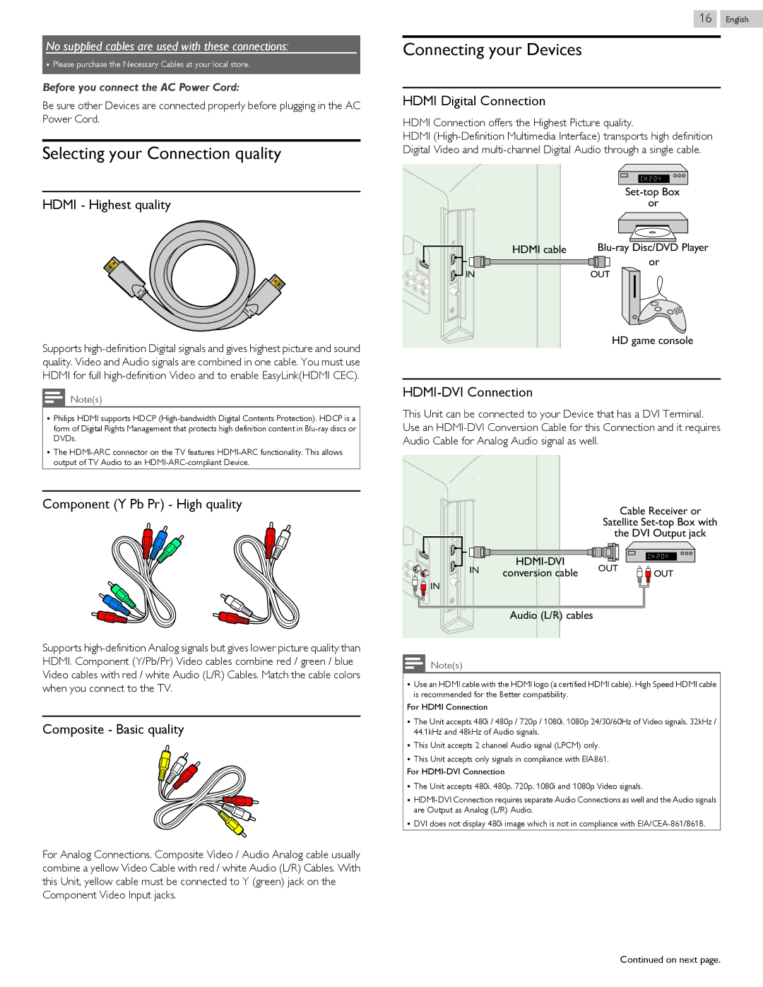 Philips 49PFL4609, 43PFL4909, 43PFL4609, 65PFL4909, 55PFL4909 Selecting your Connection quality, Connecting your Devices 