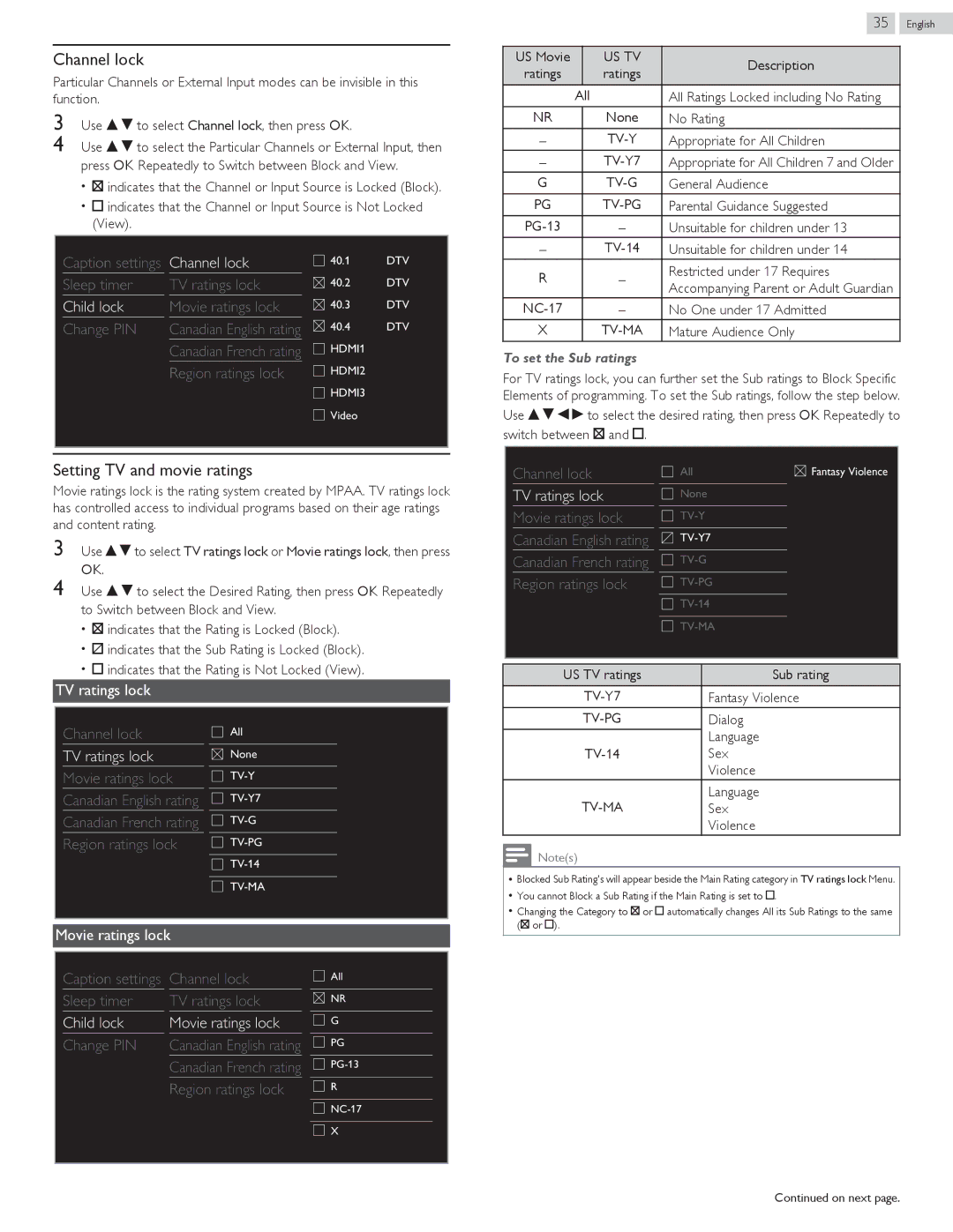 Philips 55PFL4609  50PFL4909  49PFL4909, 43PFL4909, 43PFL4609 Channel lock, Setting TV and movie ratings, TV ratings lock 