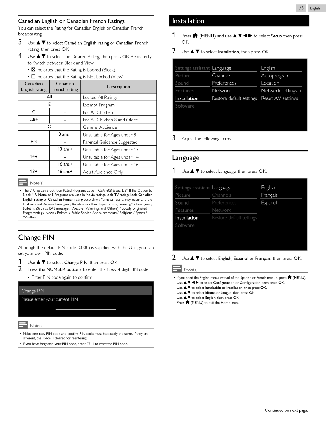 Philips 43PFL4909, 43PFL4609, 65PFL4909, 55PFL4909 Change PIN, Language, Canadian English or Canadian French Ratings 