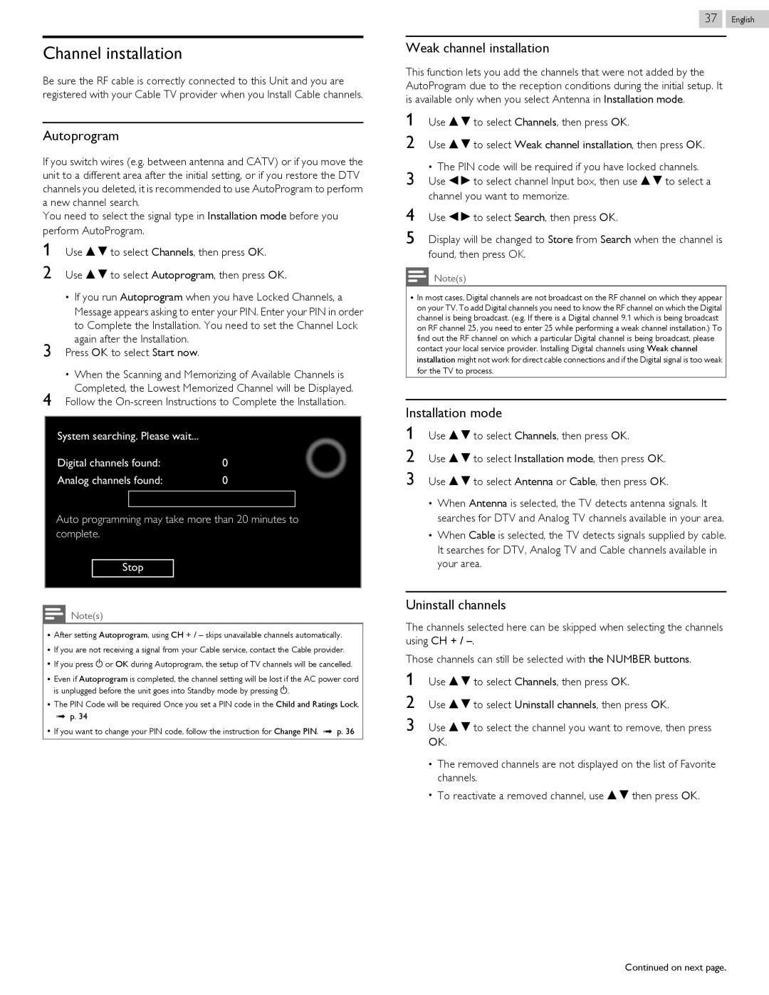 Philips 43PFL4609 Channel installation, Autoprogram, Weak channel installation, Installation mode, Uninstall channels 