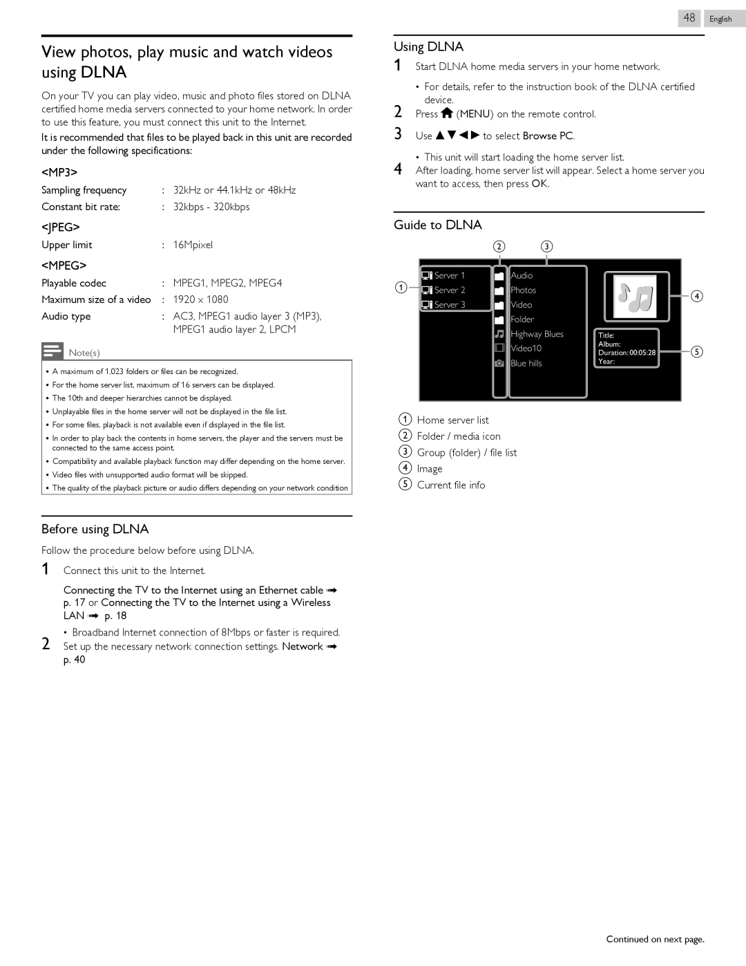 Philips 43PFL4909 View photos, play music and watch videos using Dlna, Before using Dlna, Using Dlna, Guide to Dlna 