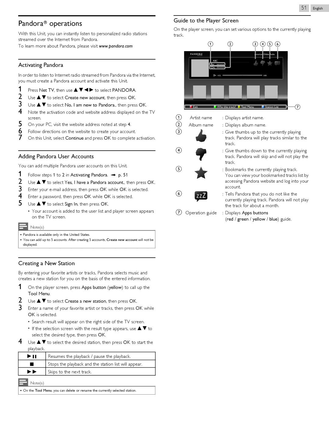 Philips 55PFL4909, 43PFL4909 PandoraN operations, Activating Pandora, Adding Pandora User Accounts, Creating a New Station 