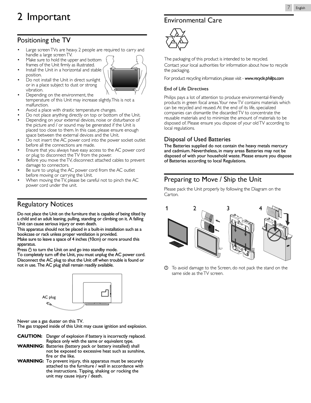 Philips 40PFL4909 Positioning the TV Regulatory Notices, Environmental Care, Preparing to Move / Ship the Unit, Packaging 