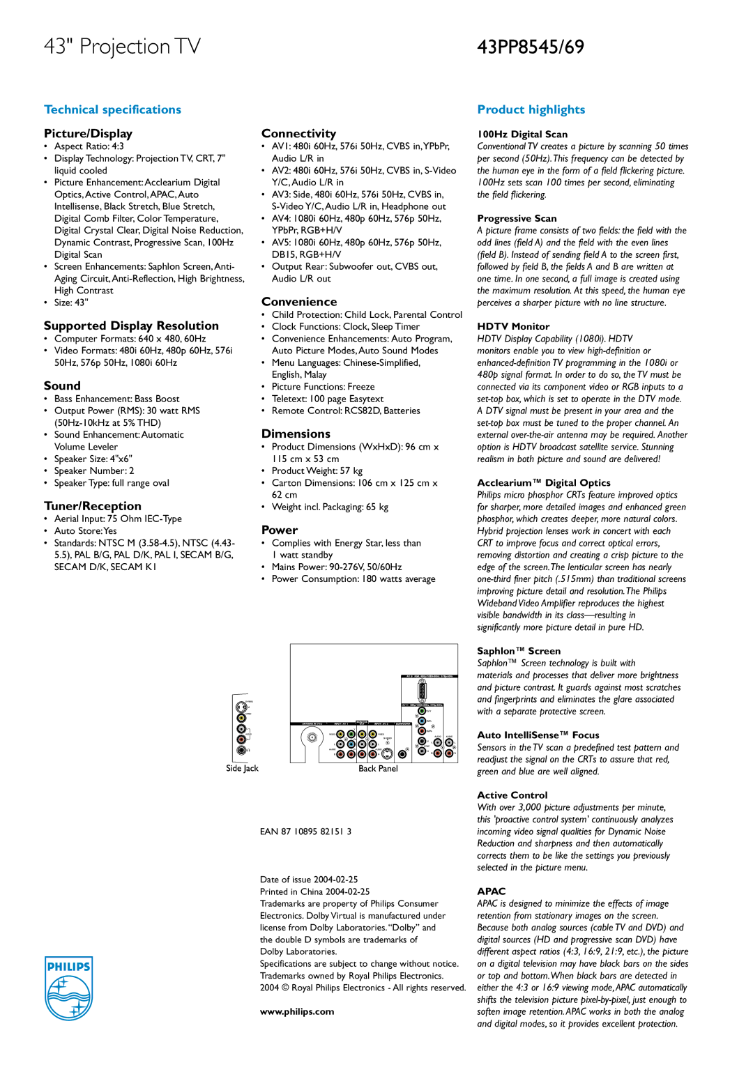Philips 43PP8545/69 manual Picture/Display, Supported Display Resolution, Sound, Tuner/Reception, Connectivity, Convenience 