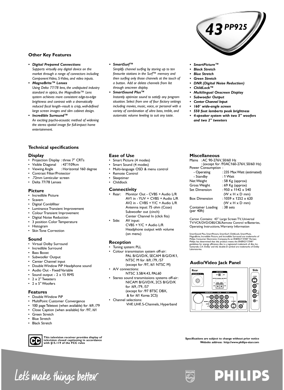 Philips 43PP925 Other Key Features, Technical specifications Display, Picture, Sound, Ease of Use, Connectivity, Reception 