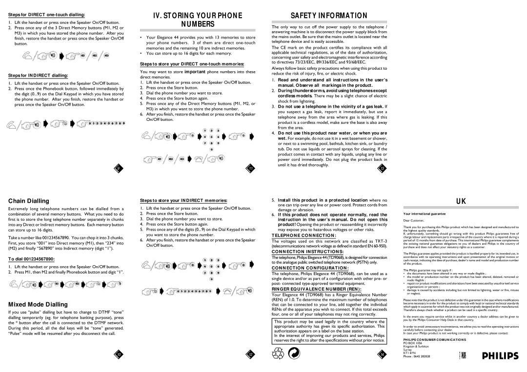 Philips 44 manual Chain Dialling, Mixed Mode Dialling, IV. Storing Your Phone Numbers, Safety Information 