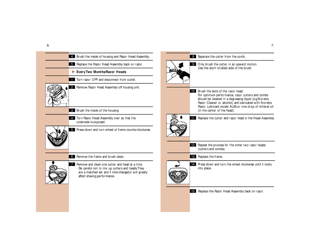 Philips 4404, 4415, 4416 Every Two MonthsRazor Heads, Separate the cutter from the comb, Brush the slots of the razor head 