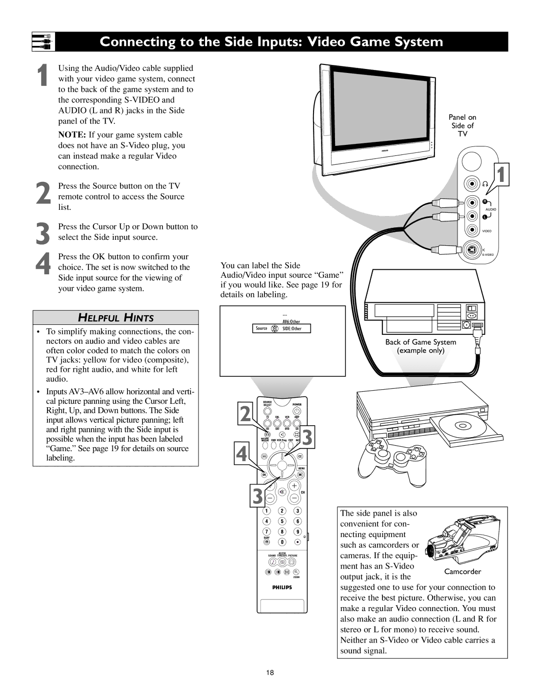 Philips 44PL9523, 55PL9223, 55PL9523 setup guide Connecting to the Side Inputs Video Game System 