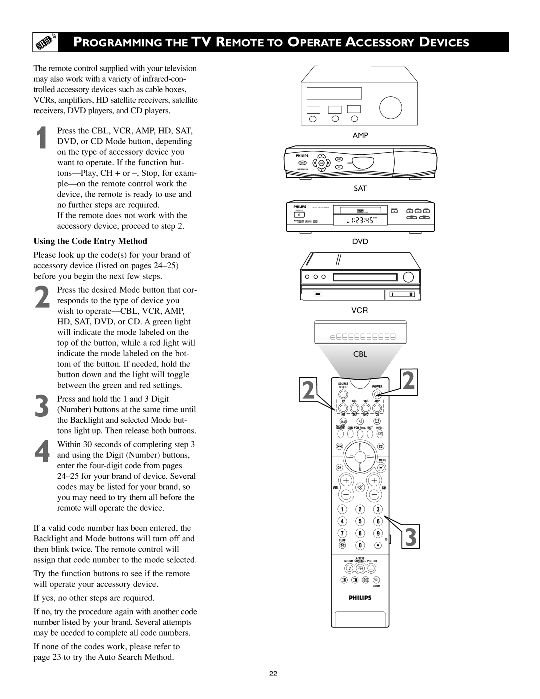 Philips 55PL9223, 44PL9523, 55PL9523 Programming the TV Remote to Operate Accessory Devices, Using the Code Entry Method 