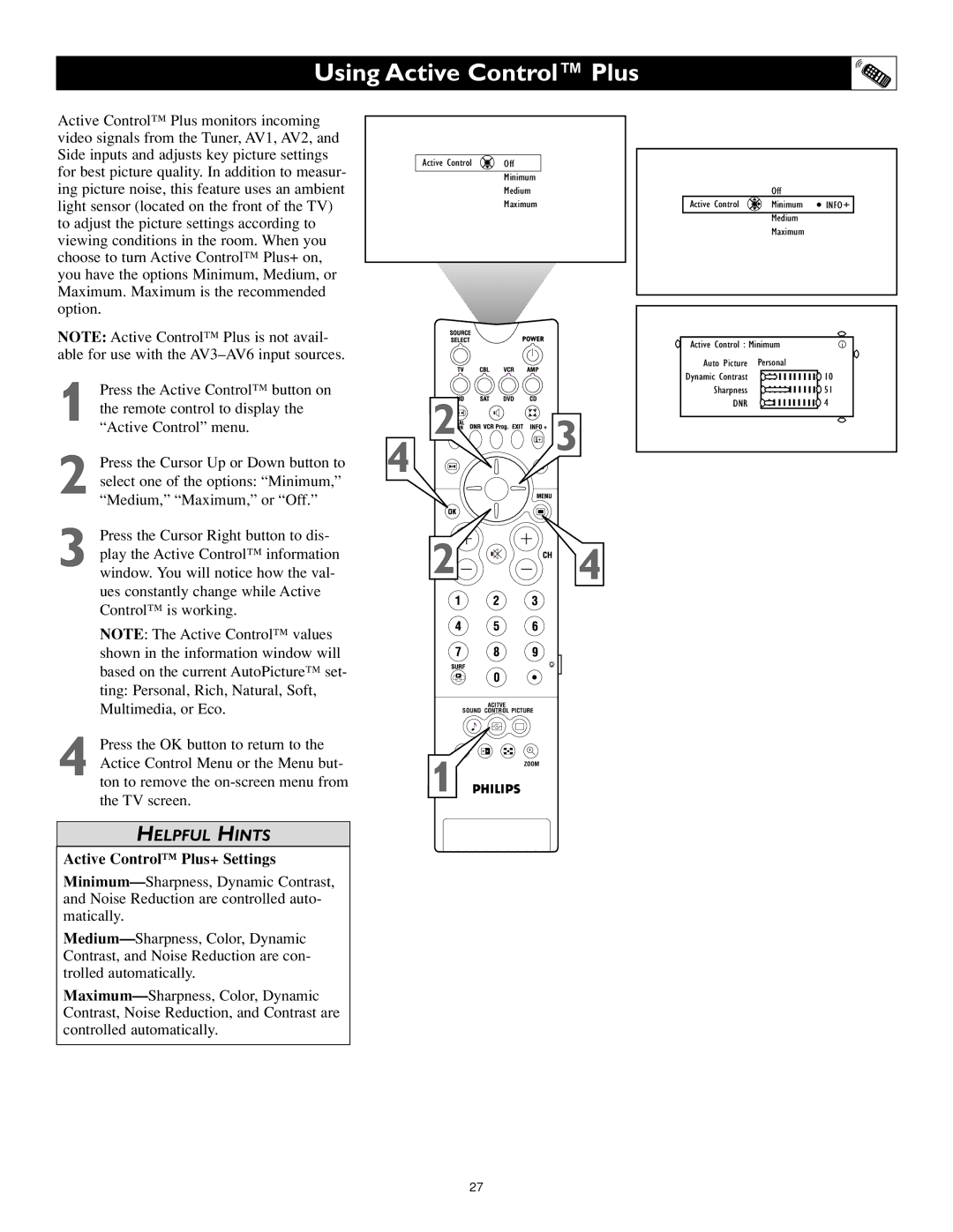 Philips 44PL9523, 55PL9223, 55PL9523 setup guide Using Active Control Plus, Active Control Plus+ Settings 