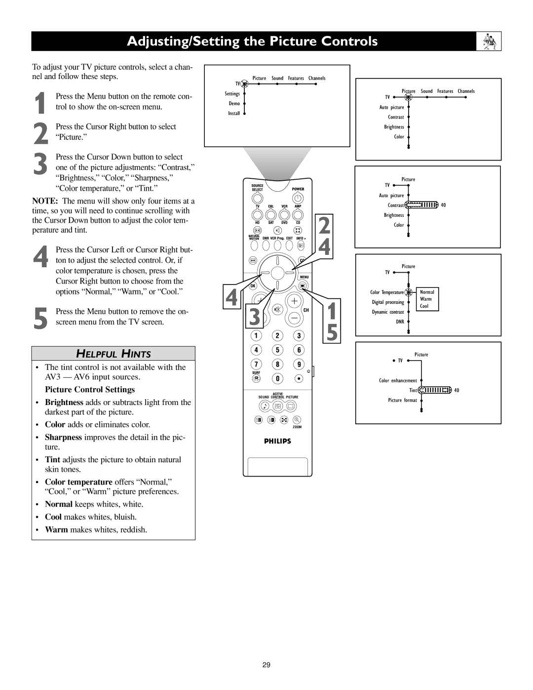 Philips 55PL9523, 44PL9523, 55PL9223 setup guide Adjusting/Setting the Picture Controls, Picture Control Settings 