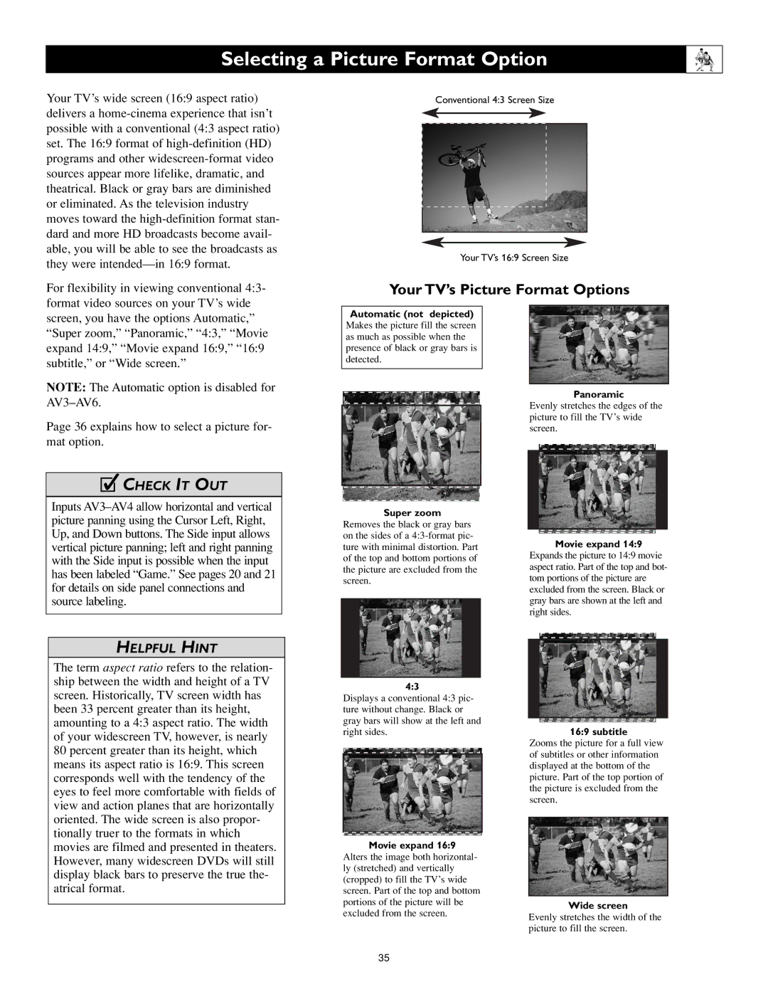 Philips 55PL9523, 44PL9523, 55PL9223 setup guide Selecting a Picture Format Option, Your TV’s Picture Format Options 