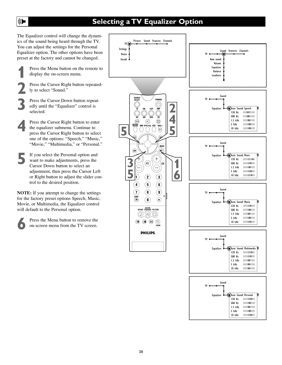 Philips 55PL9523, 44PL9523, 55PL9223 setup guide Selecting a TV Equalizer Option 