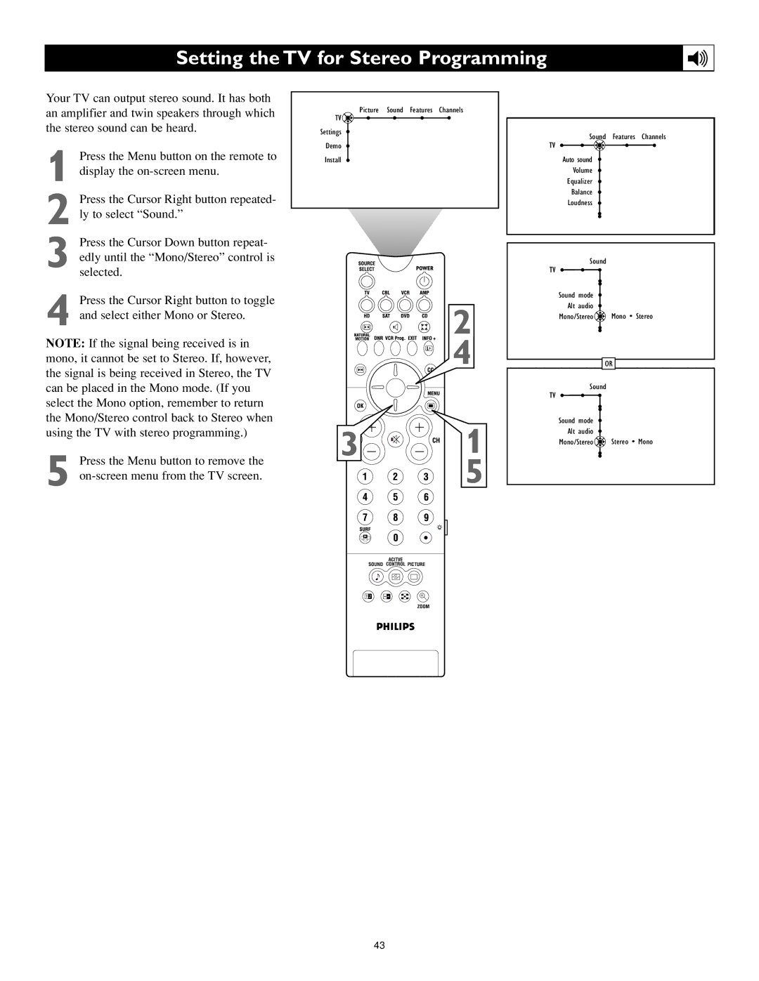 Philips 55PL9223, 44PL9523, 55PL9523 setup guide Setting the TV for Stereo Programming 