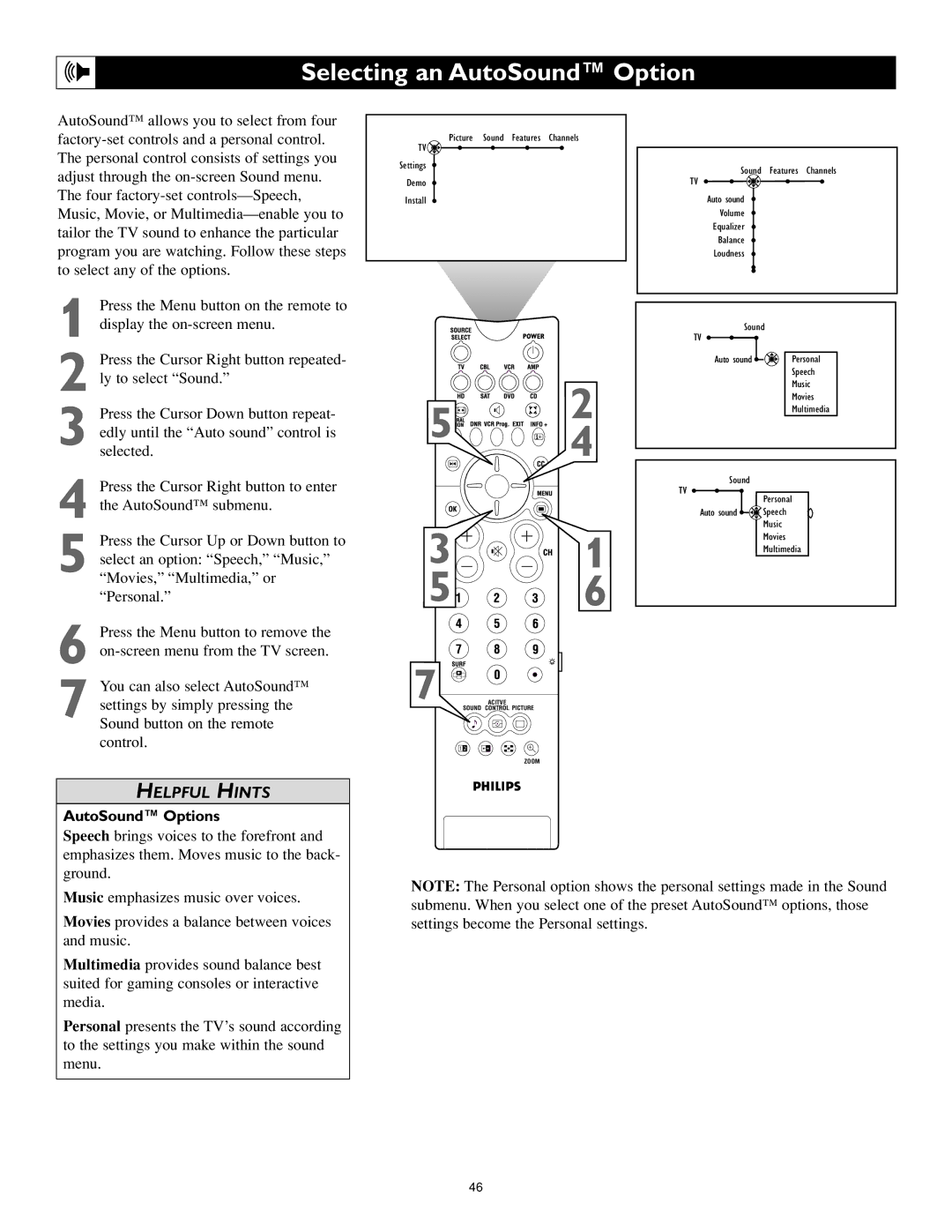 Philips 55PL9223, 44PL9523, 55PL9523 setup guide Selecting an AutoSound Option, AutoSound Options 