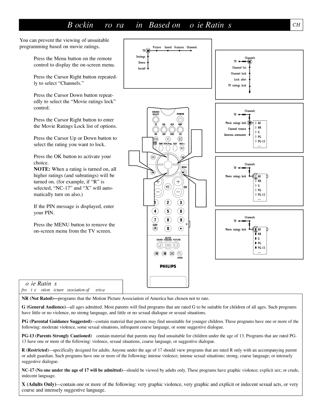 Philips 55PL9223, 44PL9523, 55PL9523 setup guide Blocking Programming Based on Movie Ratings 