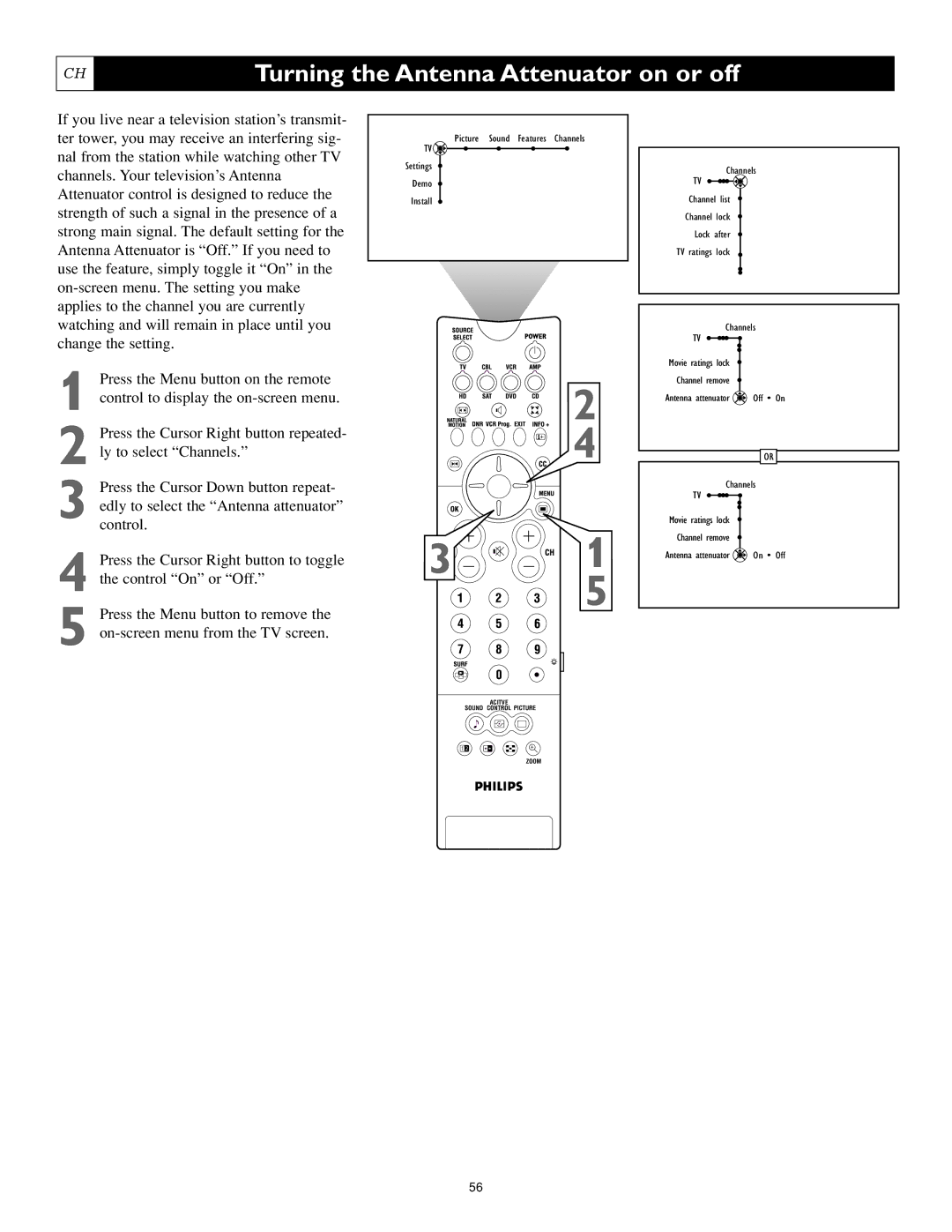 Philips 55PL9523, 44PL9523, 55PL9223 setup guide Turning the Antenna Attenuator on or off 