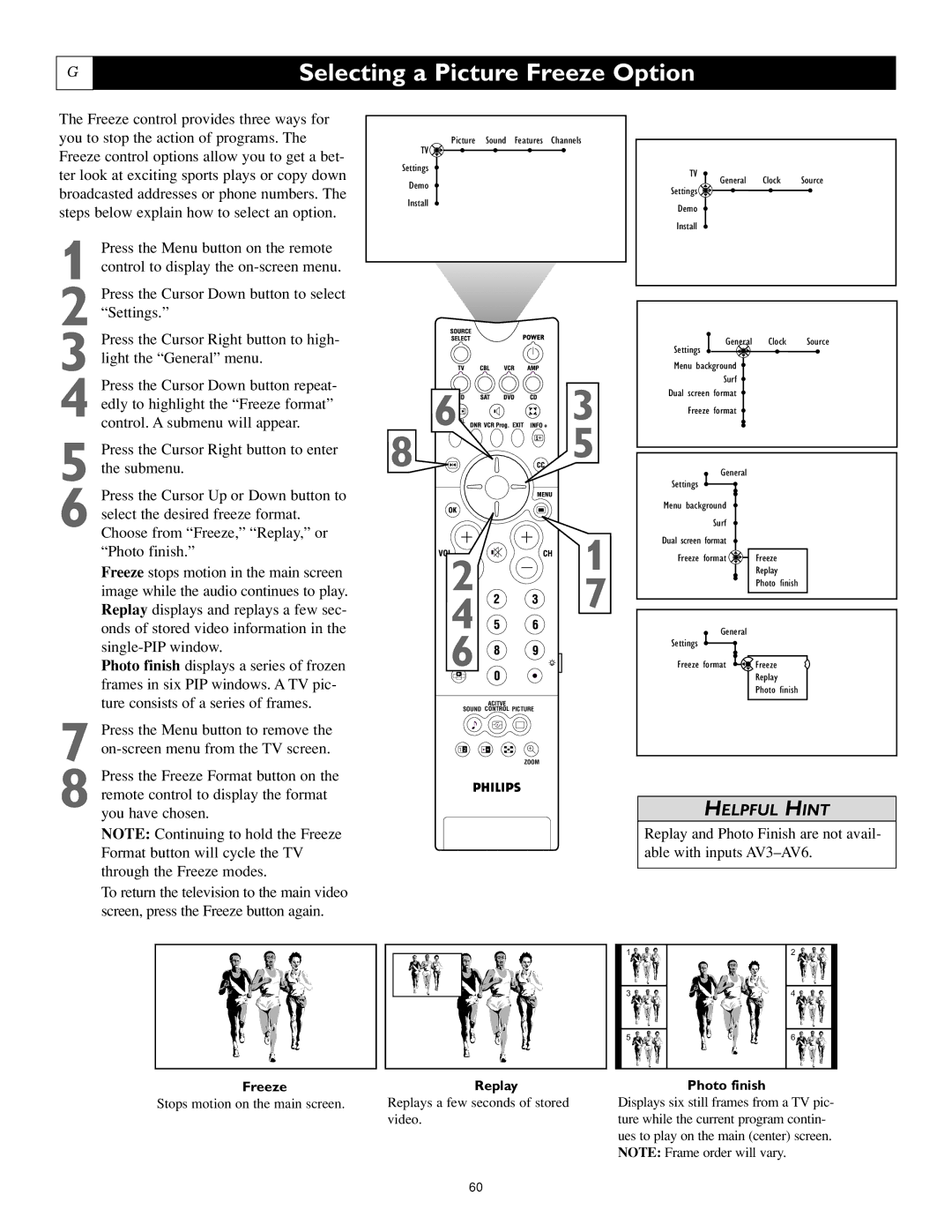 Philips 44PL9523, 55PL9223, 55PL9523 setup guide Selecting a Picture Freeze Option, Freeze Replay Photo finish 