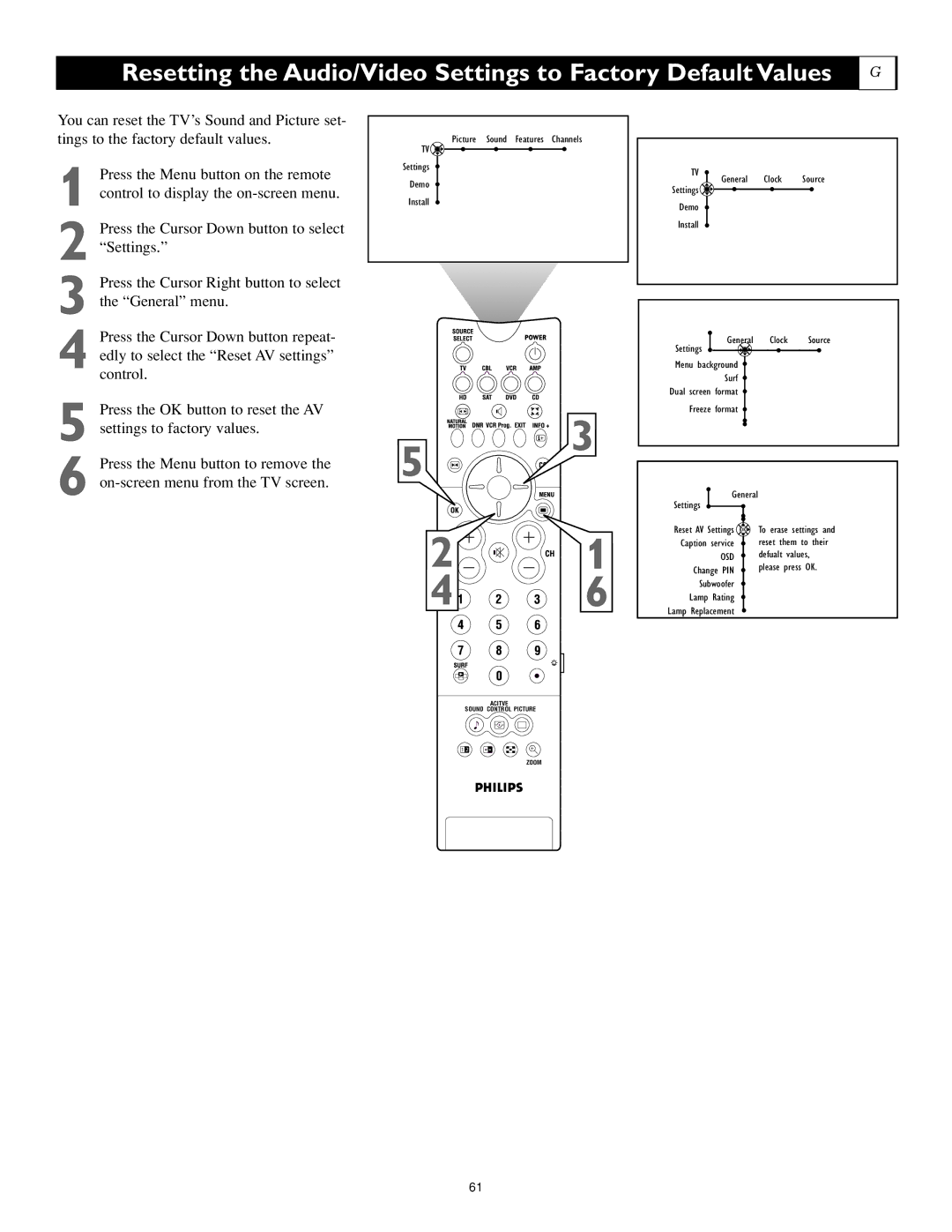 Philips 55PL9223, 44PL9523, 55PL9523 setup guide Resetting the Audio/Video Settings to Factory Default Values 