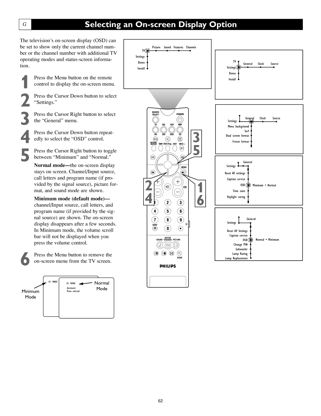 Philips 55PL9523, 44PL9523, 55PL9223 setup guide Selecting an On-screen Display Option, Minimum mode default mode 