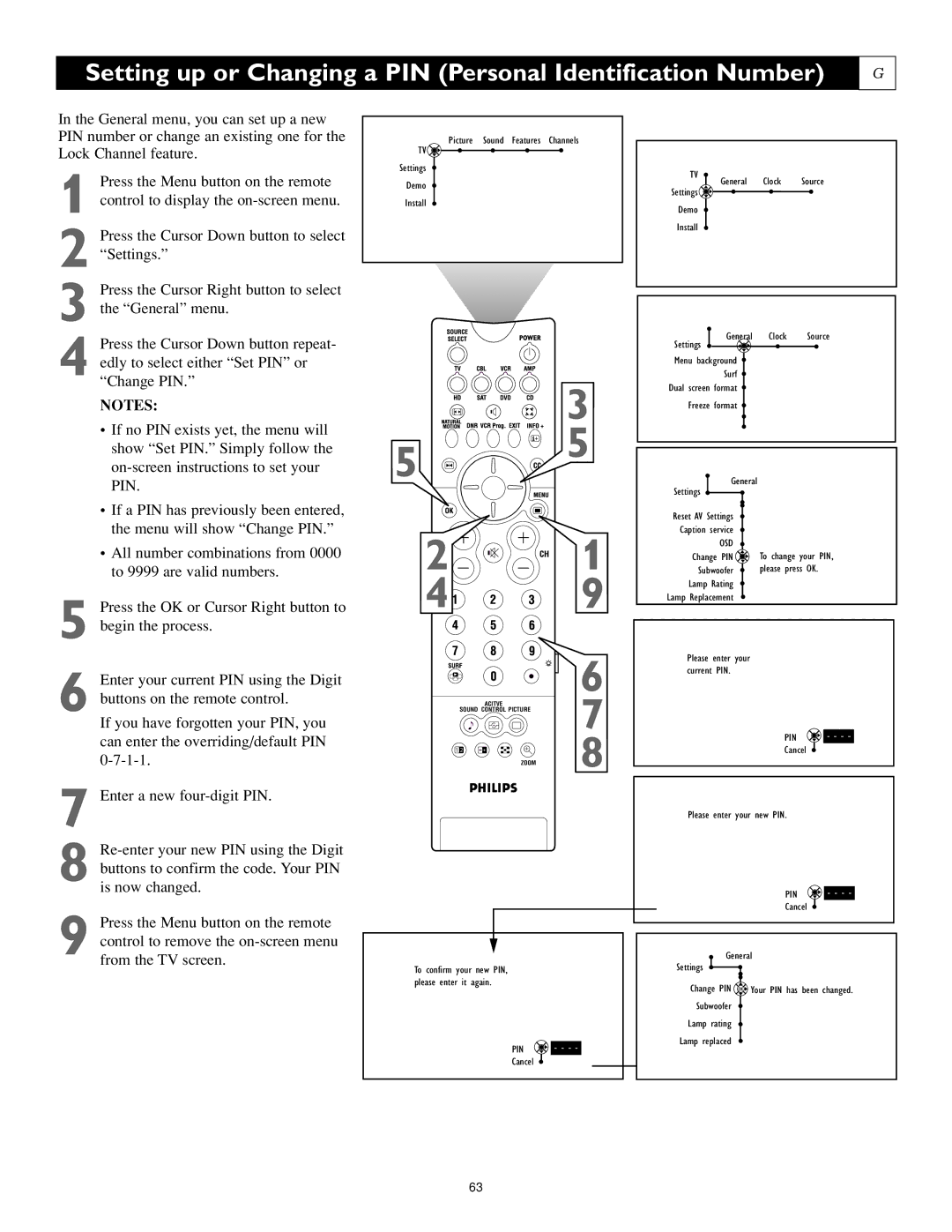 Philips 44PL9523, 55PL9223, 55PL9523 setup guide Setting up or Changing a PIN Personal Identification Number 