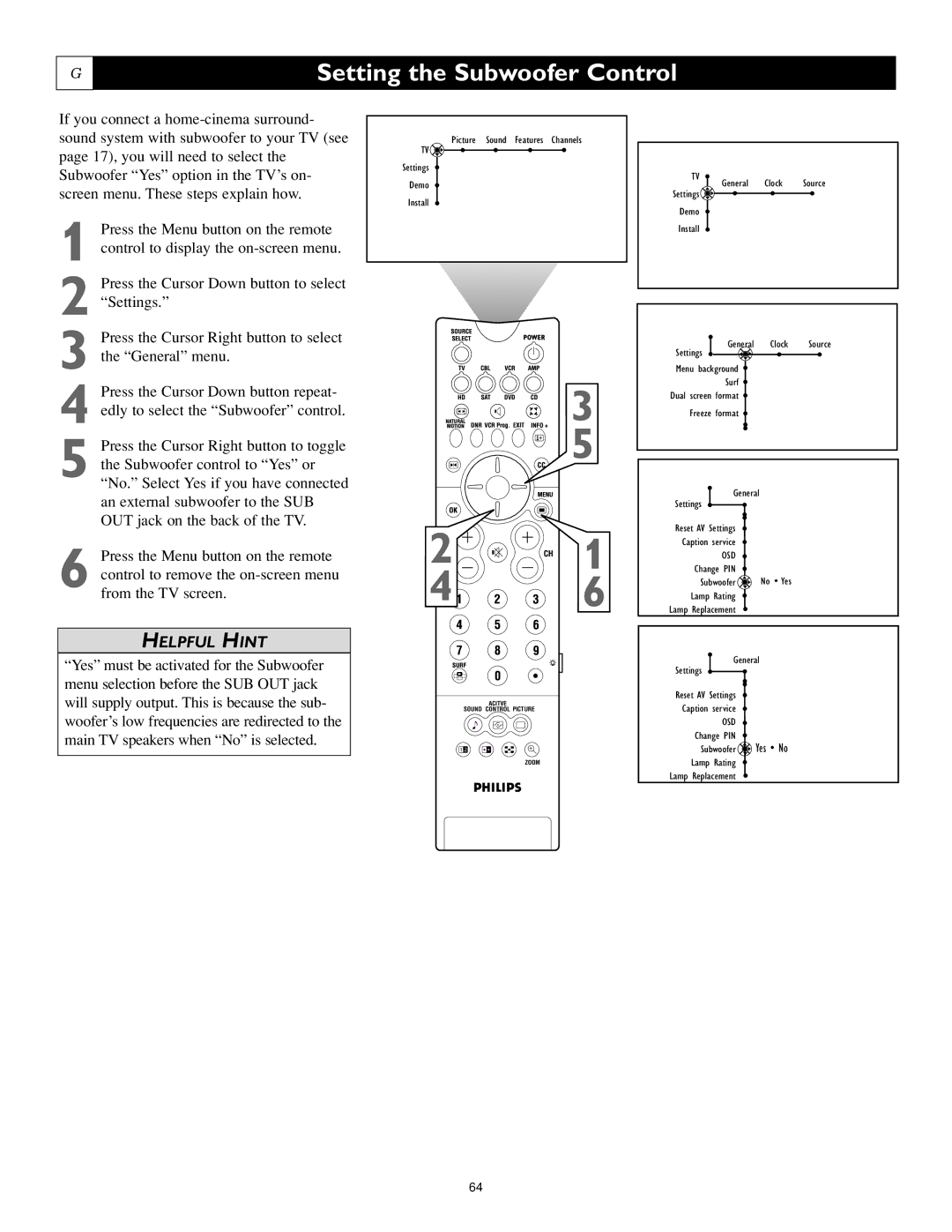 Philips 55PL9223, 44PL9523, 55PL9523 setup guide Setting the Subwoofer Control 