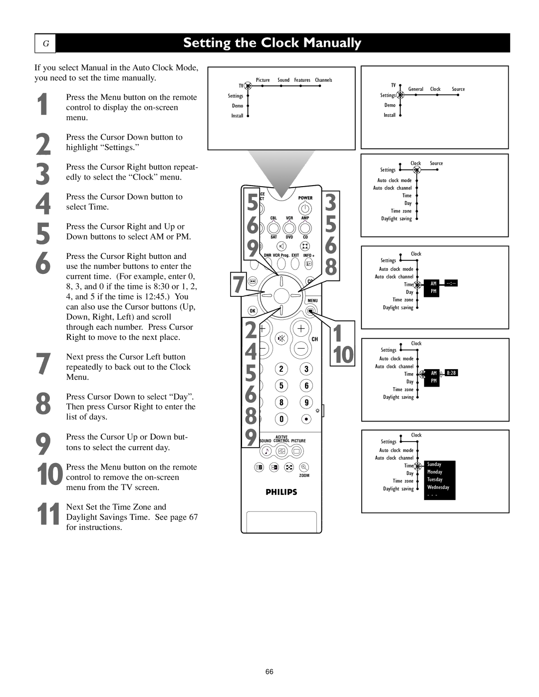 Philips 44PL9523, 55PL9223, 55PL9523 setup guide Setting the Clock Manually 