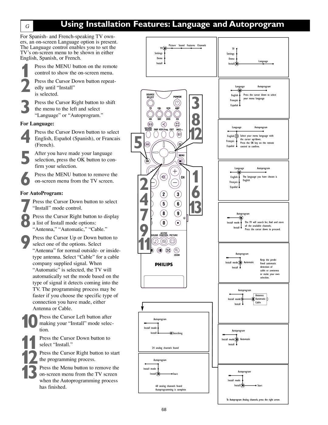 Philips 55PL9523, 44PL9523, 55PL9223 Using Installation Features Language and Autoprogram, For Language, For AutoProgram 