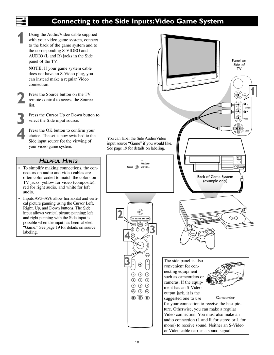 Philips 44PL9773, 44PL9522, 55PL9773 setup guide Connecting to the Side InputsVideo Game System 