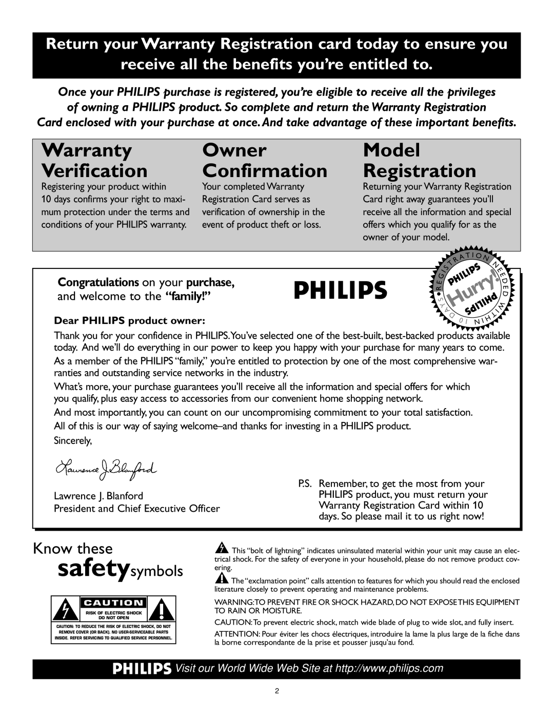 Philips 55PL9773, 44PL9773, 44PL9522 setup guide Warranty Owner Verification Confirmation, Dear Philips product owner 