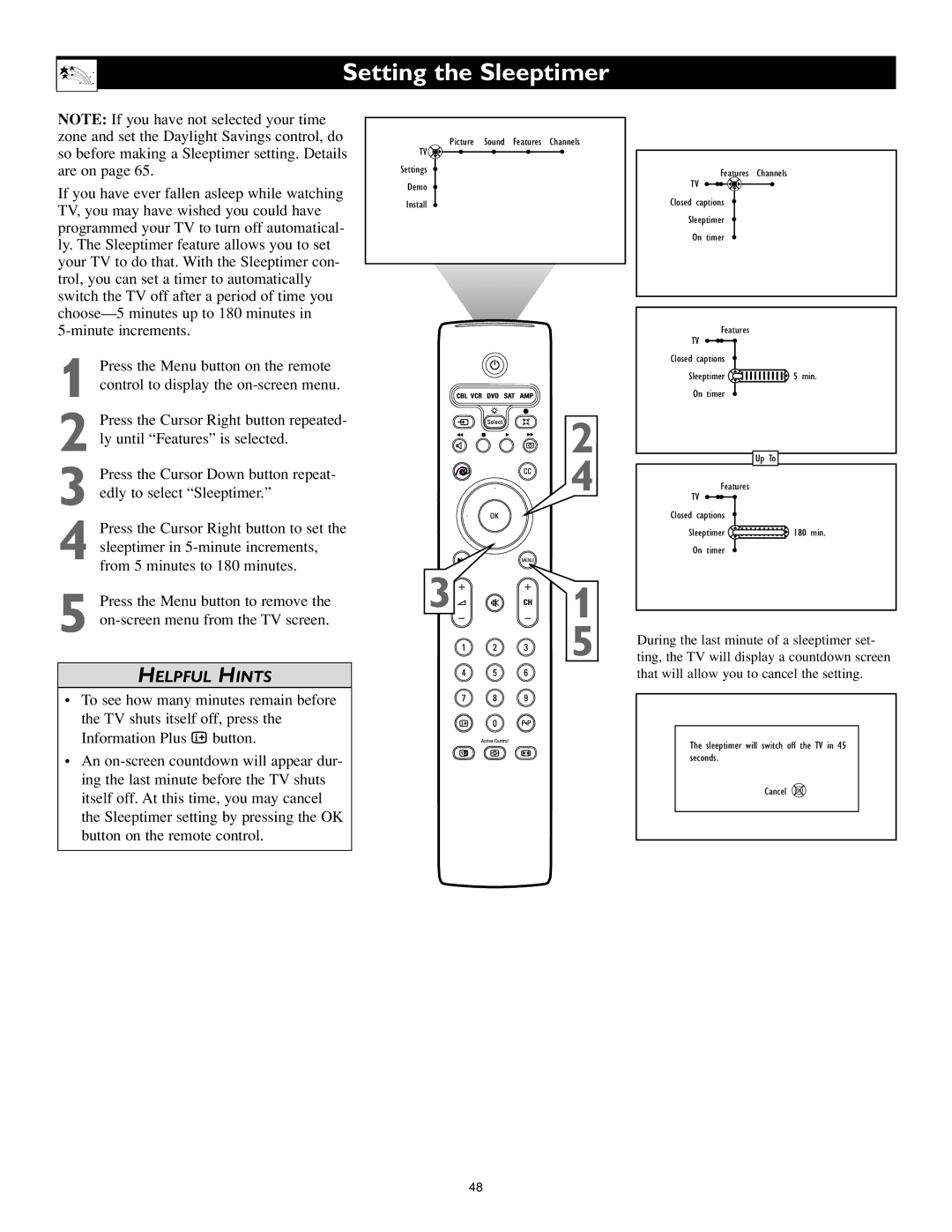 Philips 44PL9773, 44PL9522, 55PL9773 setup guide Setting the Sleeptimer 