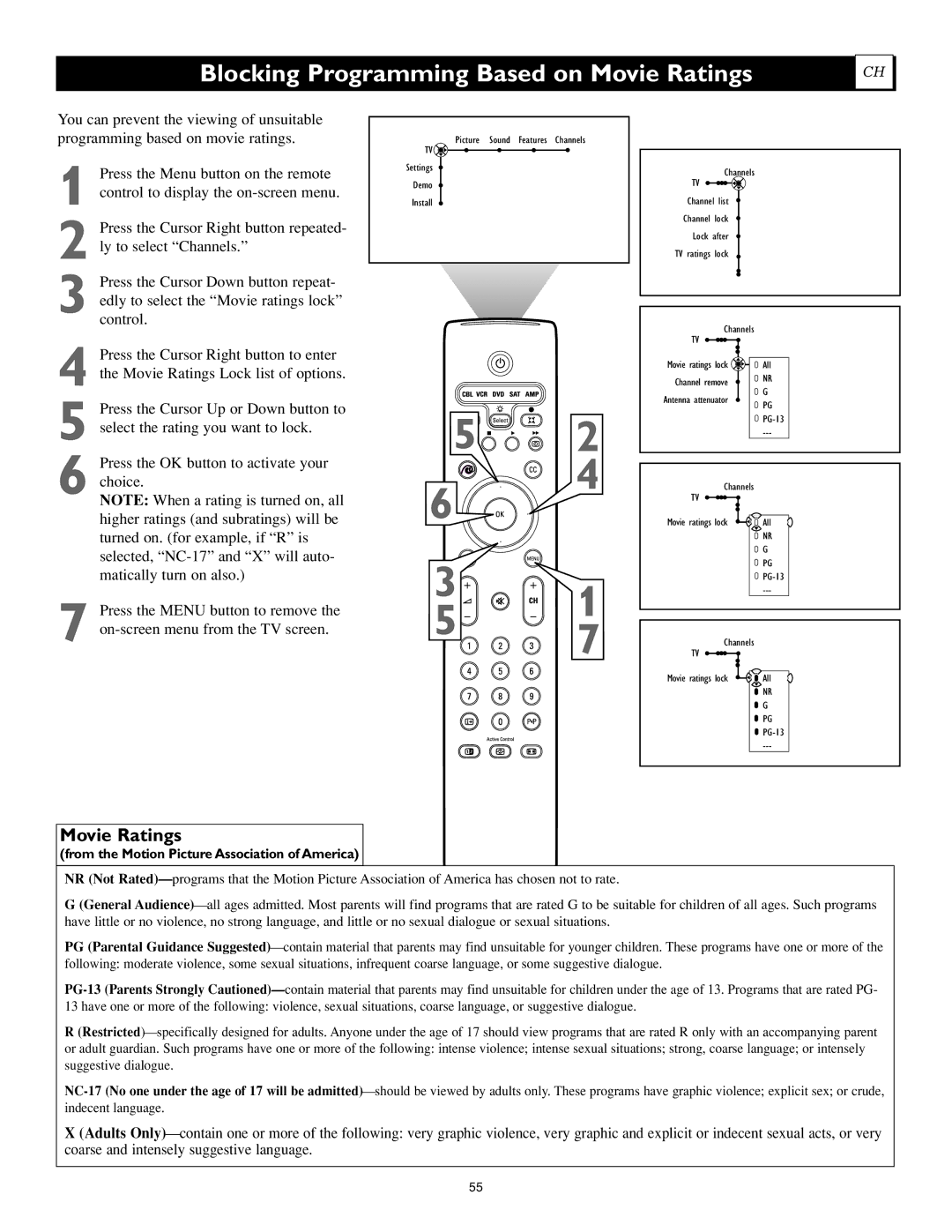 Philips 44PL9522, 44PL9773, 55PL9773 setup guide Blocking Programming Based on Movie Ratings 