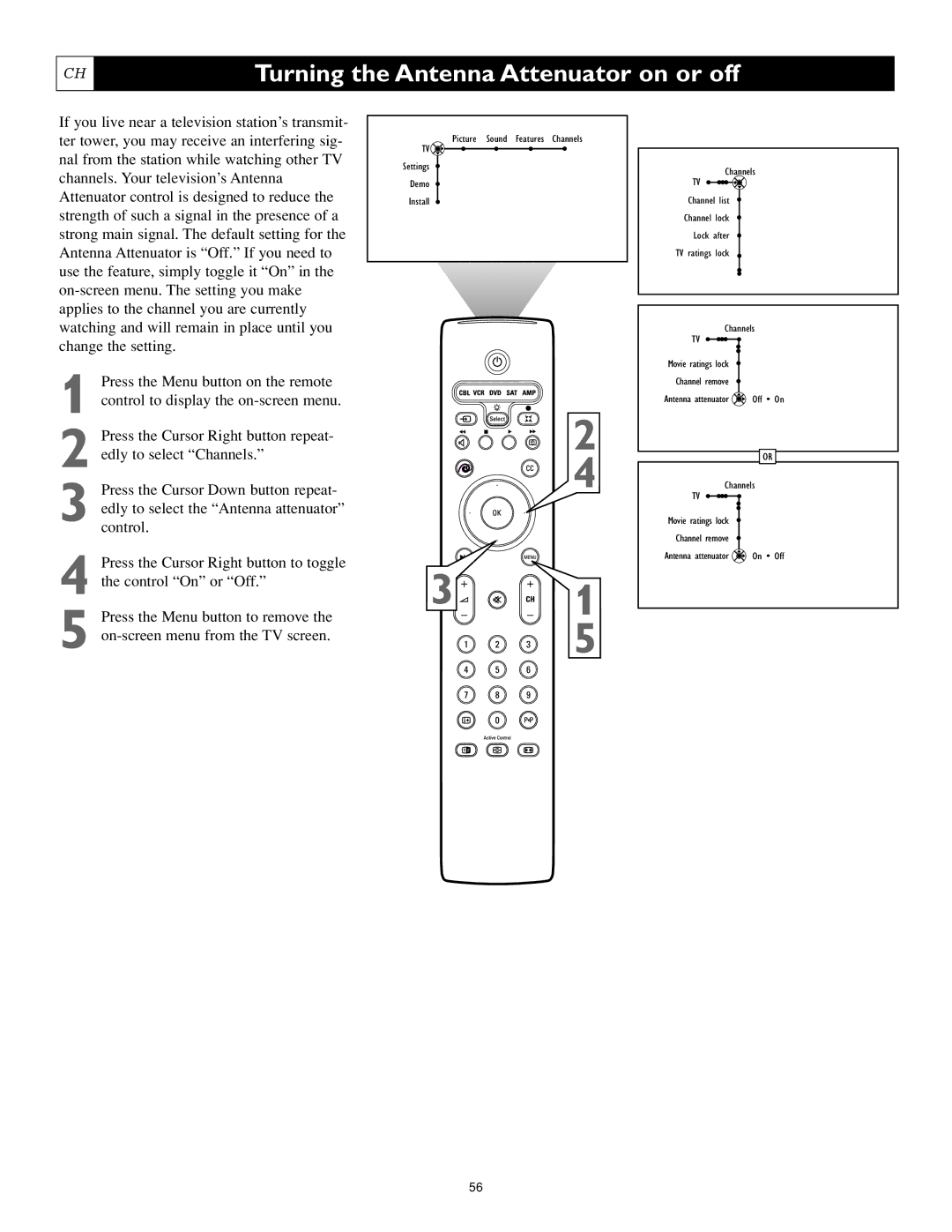 Philips 55PL9773, 44PL9773, 44PL9522 setup guide Turning the Antenna Attenuator on or off 