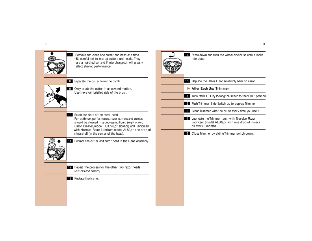 Philips 4608 Remove and clean one cutter and head at a time, Separate the cutter from the comb, After Each UseTrimmer 
