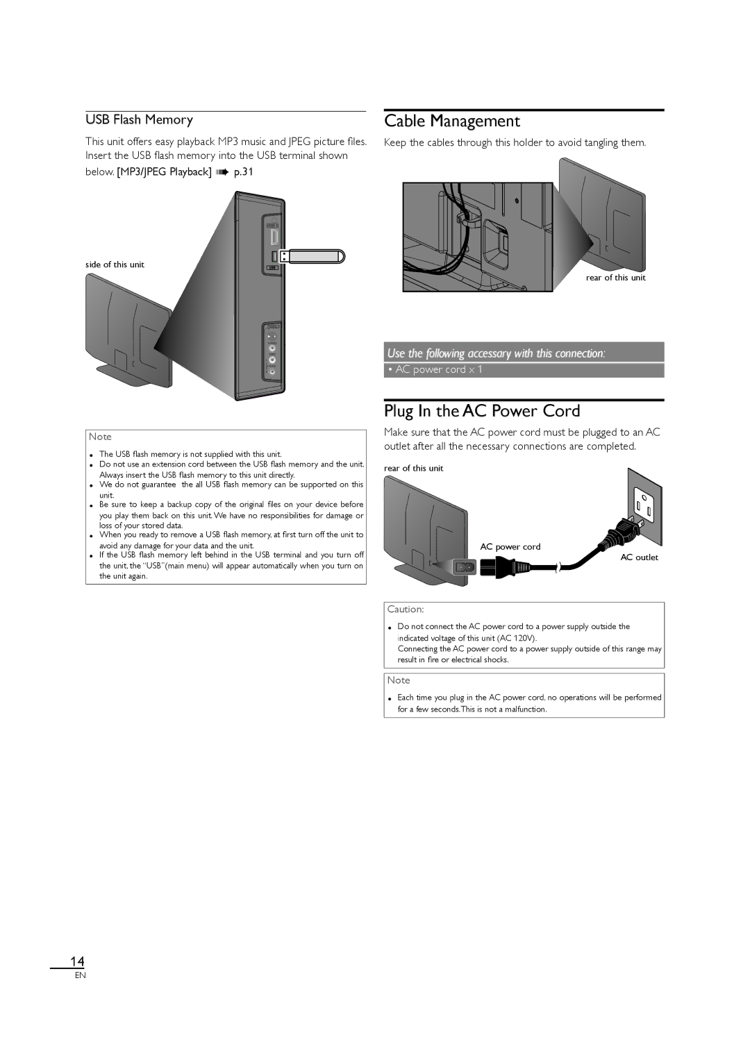 Philips 46MF460B, 46MF440B Cable Management, Plug In the AC Power Cord, USB Flash Memory, Below. MP3/JPEG Playback p.31 