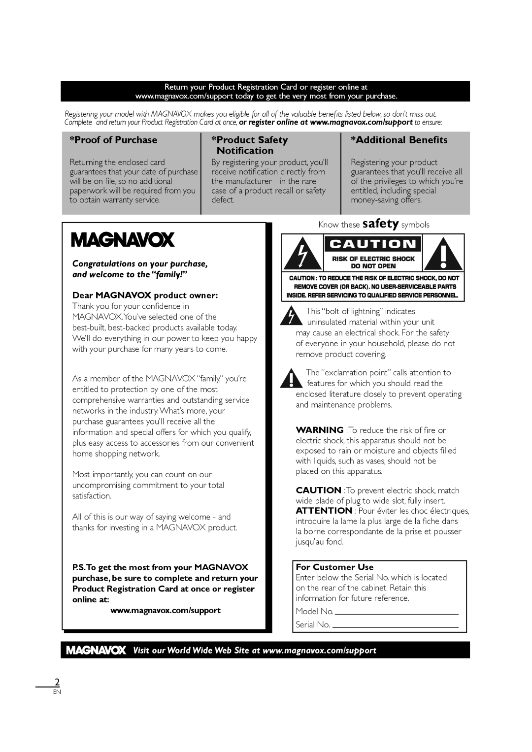 Philips 46MF460B, 46MF440B/F7 owner manual Dear Magnavox product owner, For Customer Use 