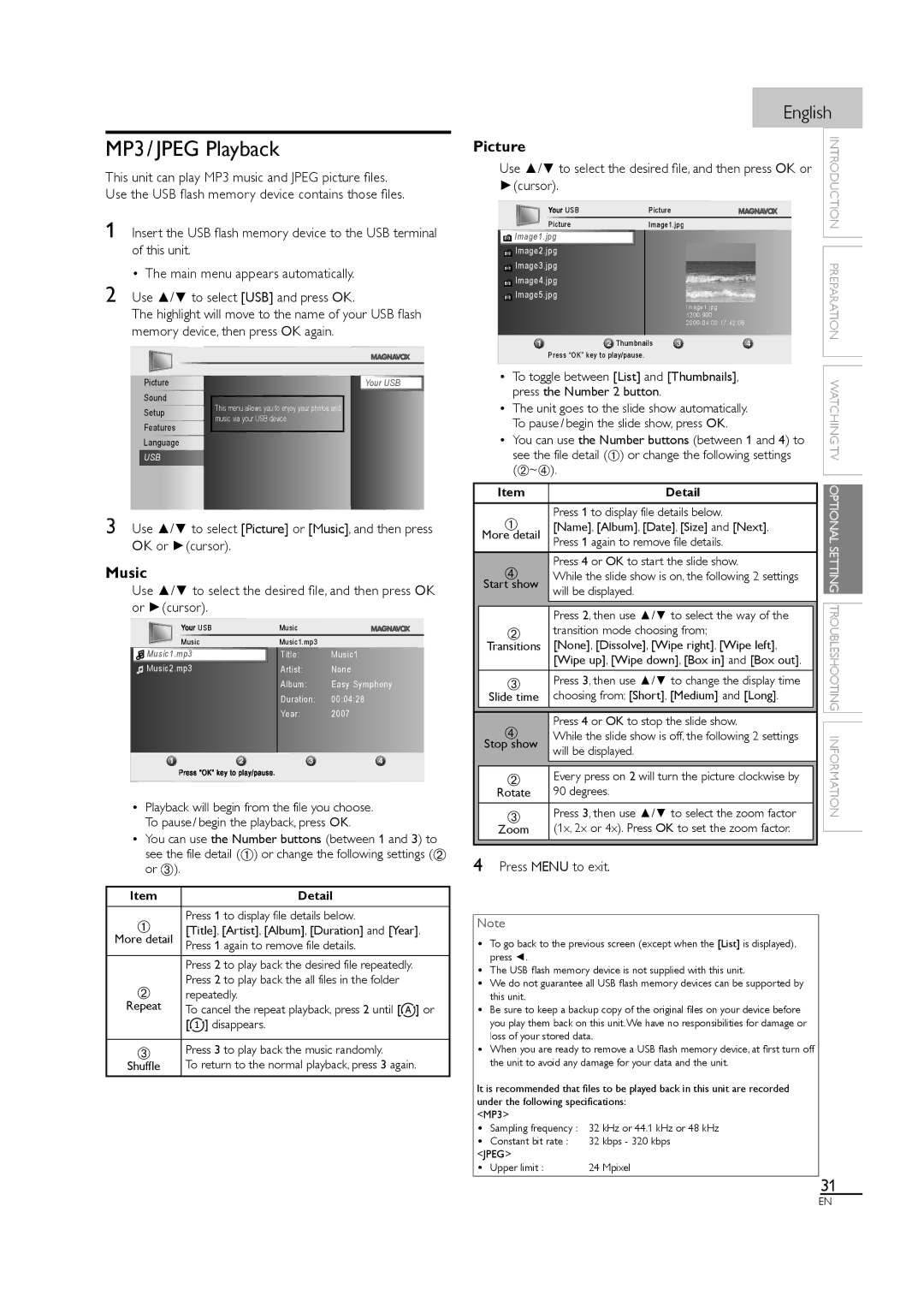 Philips 46MF440B/F7, 46MF460B owner manual MP3 / Jpeg Playback, Music, Picture, ItemDetail 