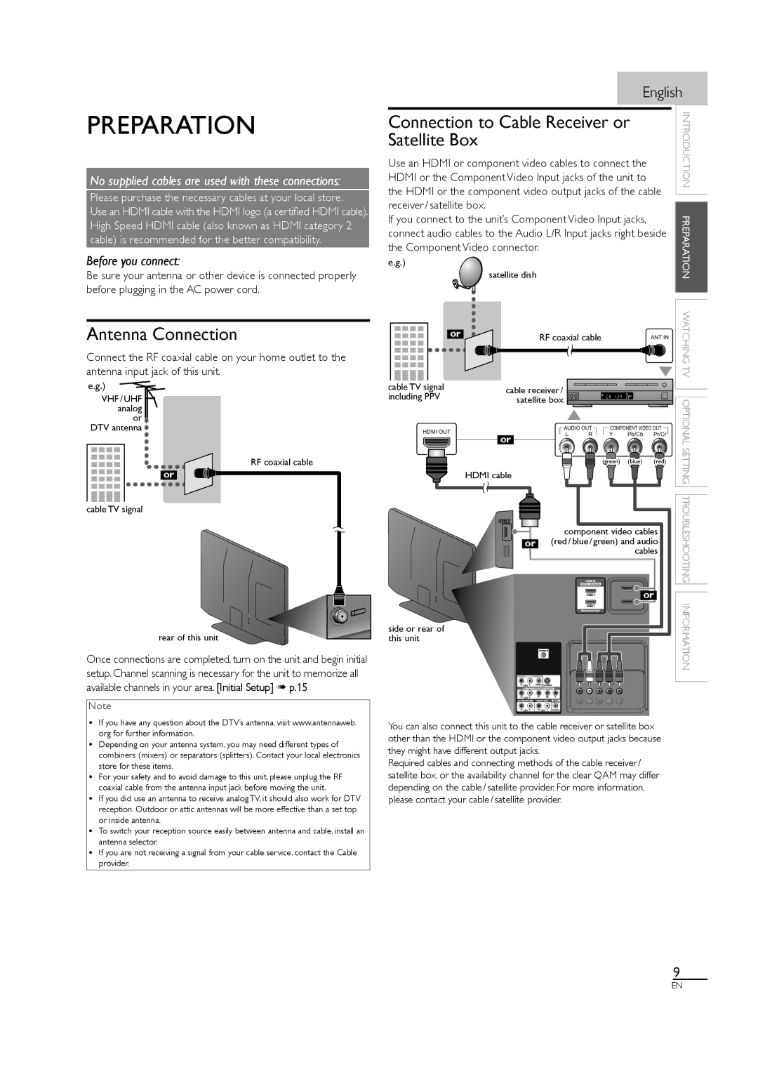 Philips 46MF440B/F7, 46MF460B Preparation, Antenna Connection, Connection to Cable Receiver or, Satellite Box 