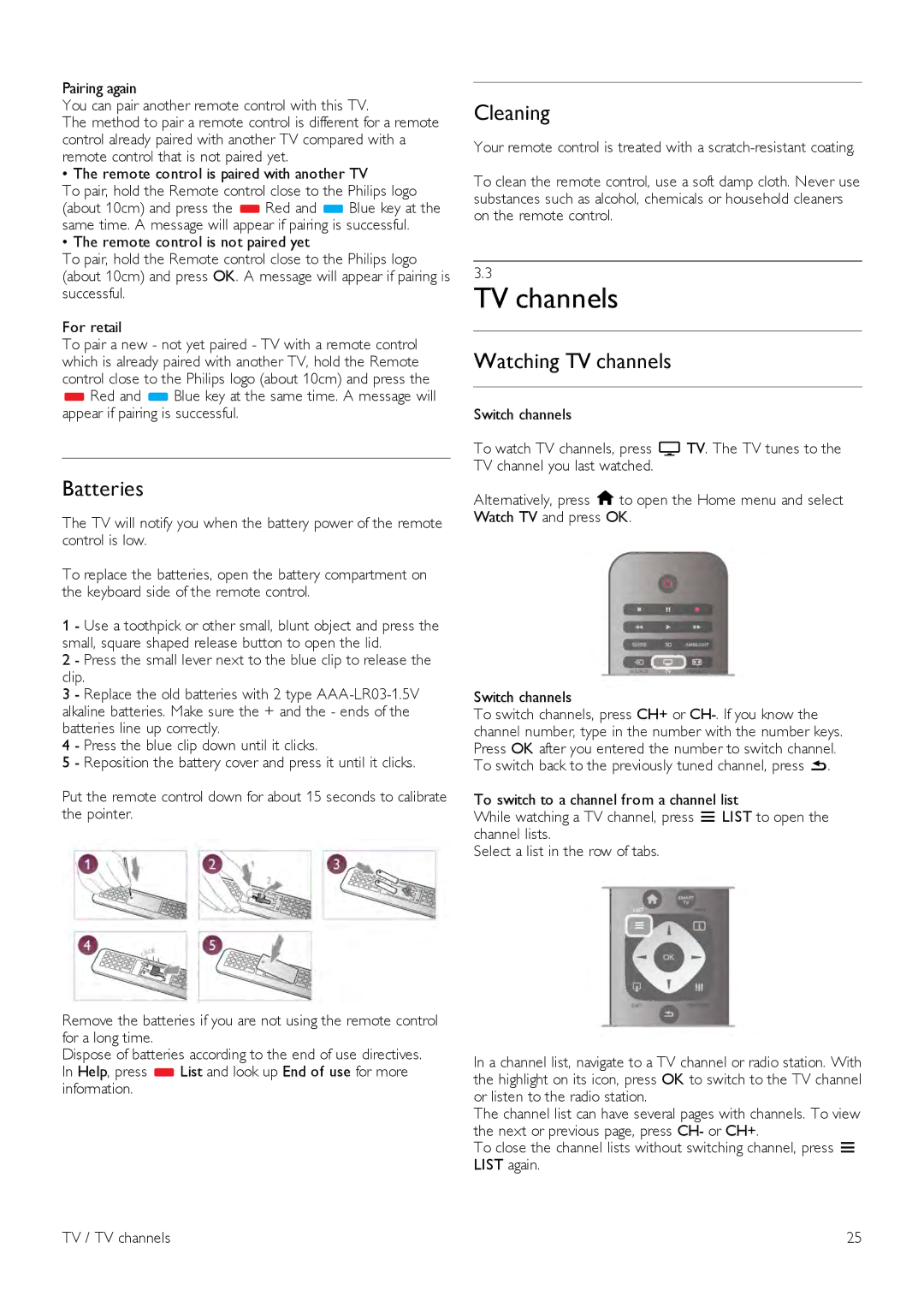 Philips 55PDL890, 46PDL890 user manual Batteries, Cleaning, Watching TV channels 