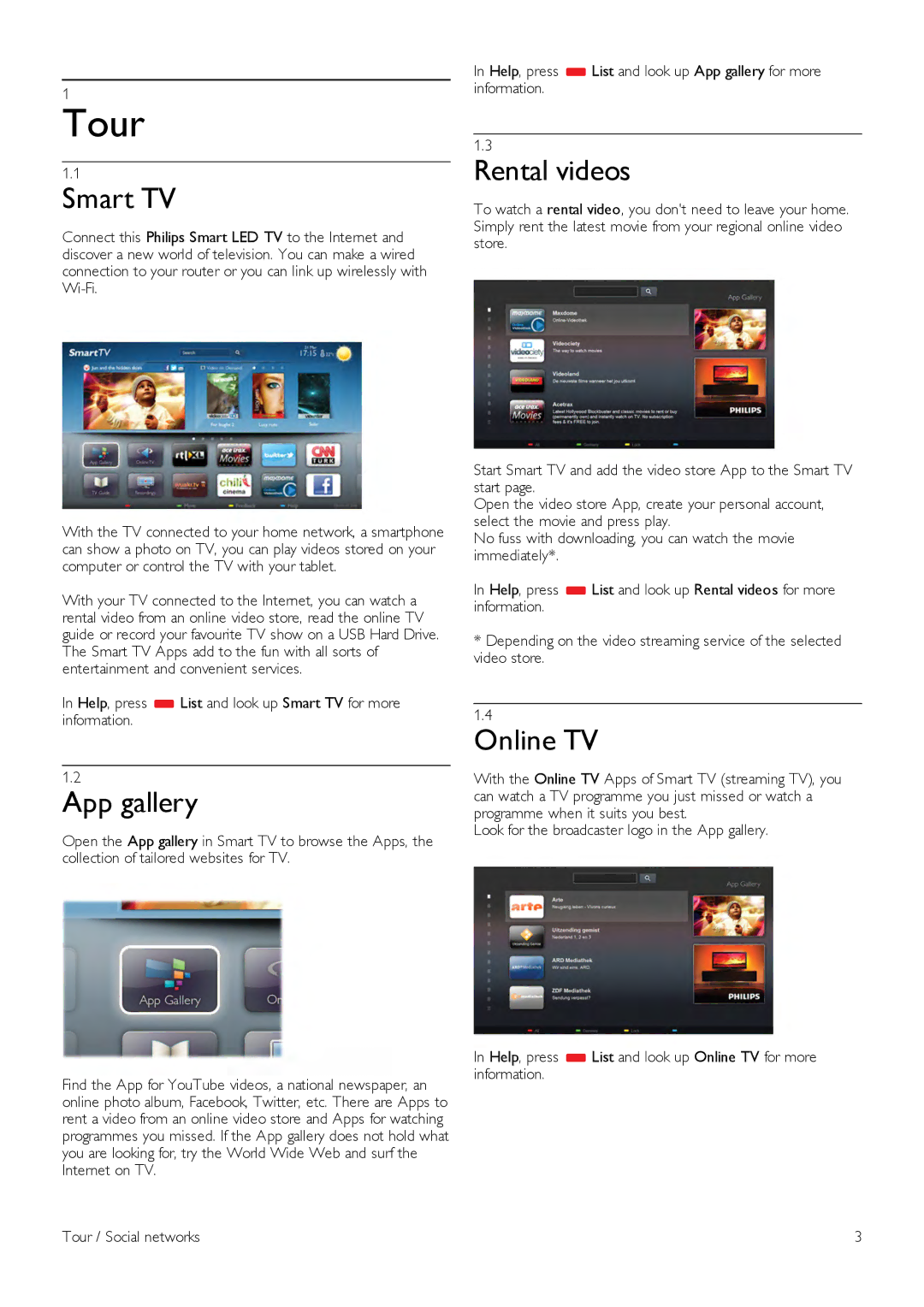 Philips 55PDL890, 46PDL890 user manual Tour, Smart TV, App gallery, Rental videos, Online TV 